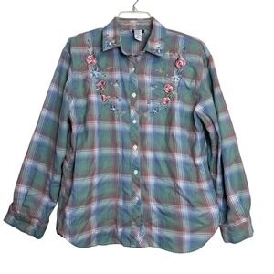 Teddi Vintage 90s Green Plaid Embroidered Floral Button Shirt Blouse Soft Girl M